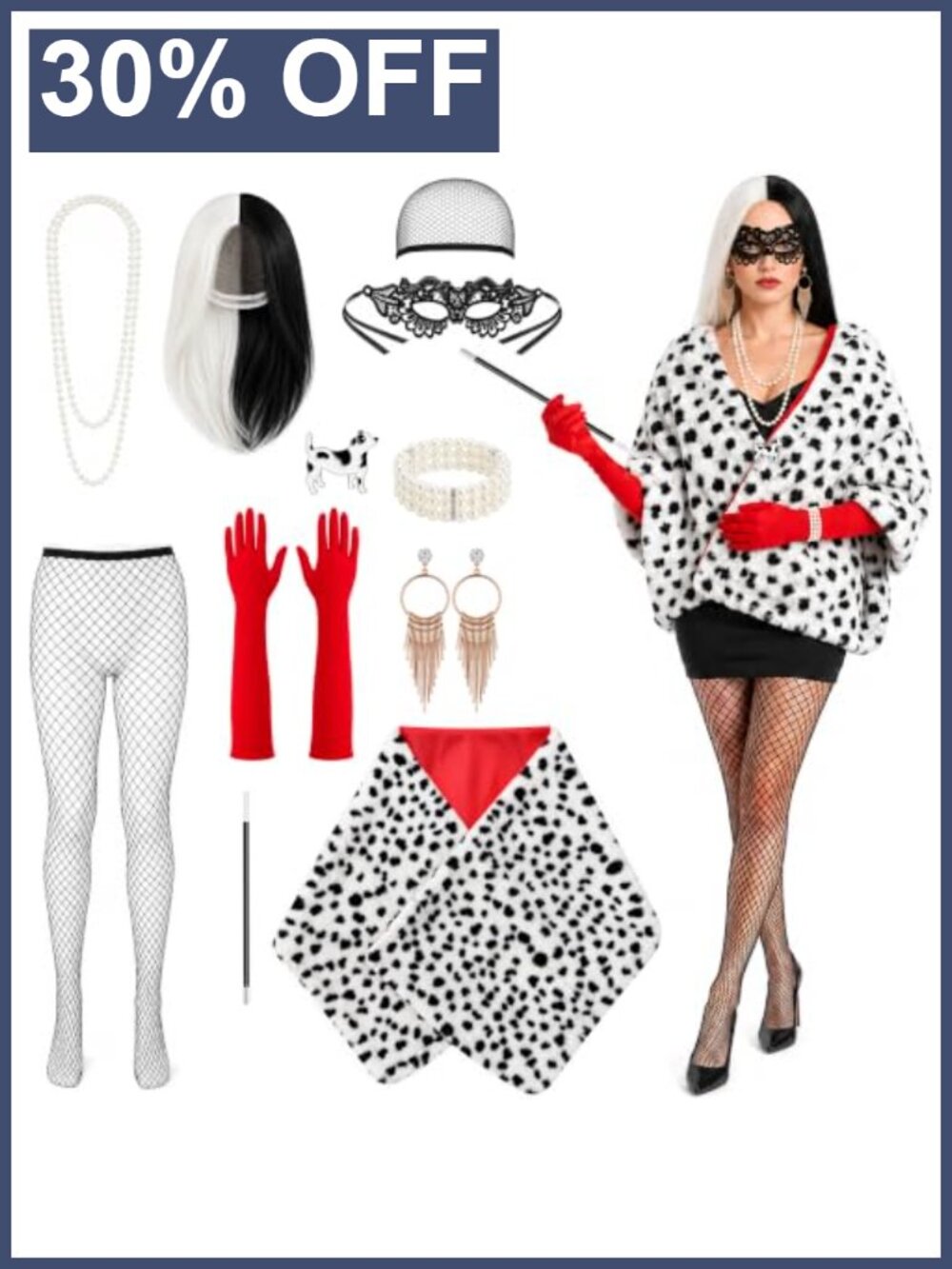 Women's Halloween Dalmatian Villain Costume Set w/ Shawl, Wig, Gloves & Pearl